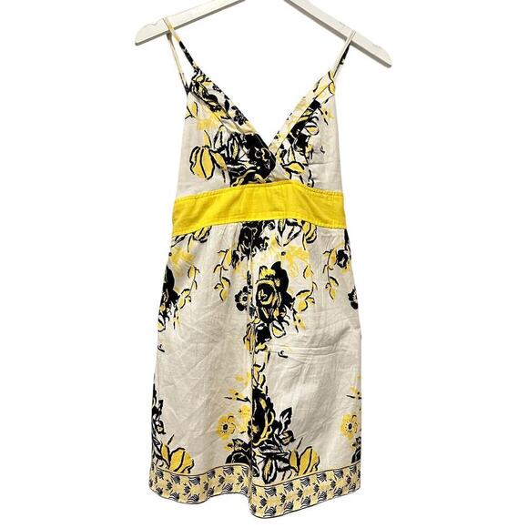 Babydoll y2k Size Small Yellow Spaghetti Wrap Smocked Mini Dress Floral Vacation - Picture 1 of 12